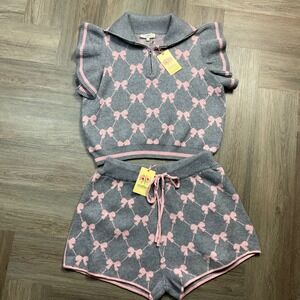 NWT Entro Bow Argyle Knit Sweater Top Shorts Set Womens Large Gray Pink Coquette